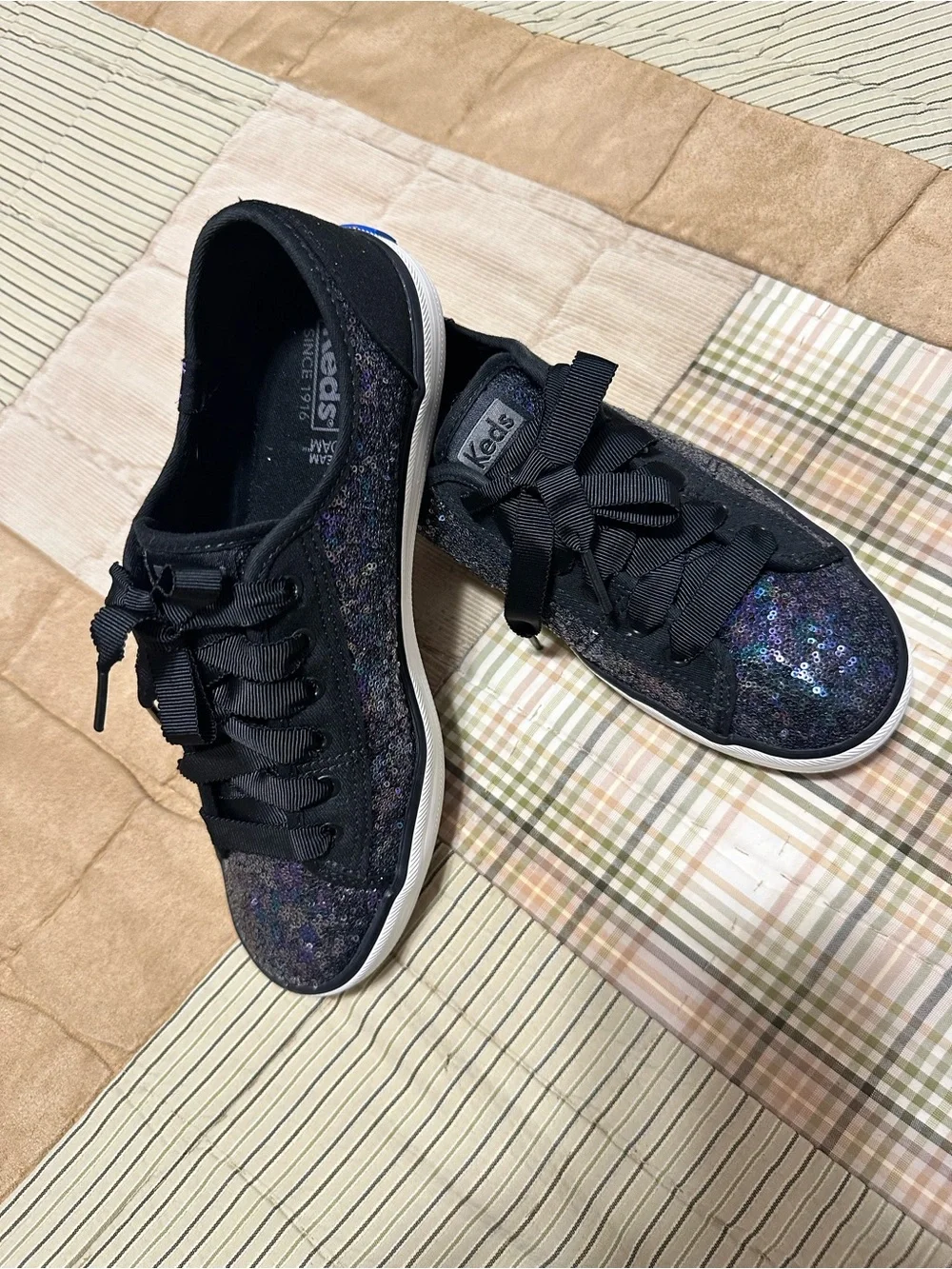 Keds Kids Black Iridescent Sequin Ribbon Lace Sneakers